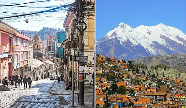 Imagem dividida em duas partes que mostram La Paz, na Bolívia: à esquerda, uma rua estreita de paralelepípedos, com edifícios coloridos, fiação elétrica e pedestres; à direita, casas em tons de laranja e marrom espalhadas pelas encostas da cidade, com uma imponente montanha nevada ao fundo, sob um céu azul. Pontos turísticos da Bolívia.