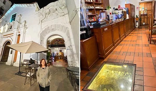 Fotografia dividida em duas cenas: à esquerda, a fachada branca ricamente ornamentada da Basílica de São Francisco, em Sucre, Bolívia, com um arco monumental, uma tenda e mesas na entrada, além de uma mulher em pé diante do edifício. À direita, o interior de um estabelecimento com balcão de madeira, prateleiras com objetos e produtos, piso de ladrilhos avermelhados e uma área envidraçada no chão que permite observar vestígios históricos.