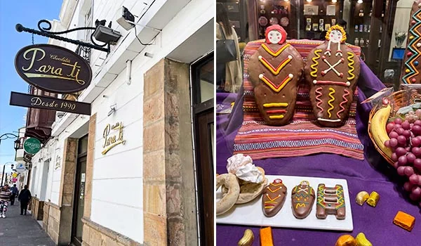 Fotografia dividida em duas partes: à esquerda, a fachada branca da chocolateria “Para Ti”, com uma placa oval indicando “Desde 1990”, em uma rua de arquitetura colonial. À direita, uma vitrine decorada com grandes figuras de chocolate em formato humano, ornamentadas com glacê colorido, além de pequenos chocolates artesanais expostos sobre uma bandeja.