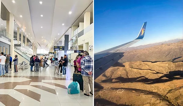 À esquerda, saguão de um aeroporto moderno, com teto alto, iluminação embutida, piso claro e passageiros aguardando com suas bagagens. À direita, vista aérea de uma paisagem montanhosa e árida, com formações onduladas em tons de marrom, vista pela janela de um avião durante o voo, sob um céu azul e limpo.