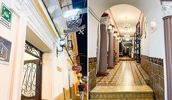 Fotografia da fachada do Hotel Independência, com entrada decorada e placa suspensa na rua, ao lado de uma imagem do corredor interno do hotel, com colunas, lustres, piso ornamentado e portas de madeira.